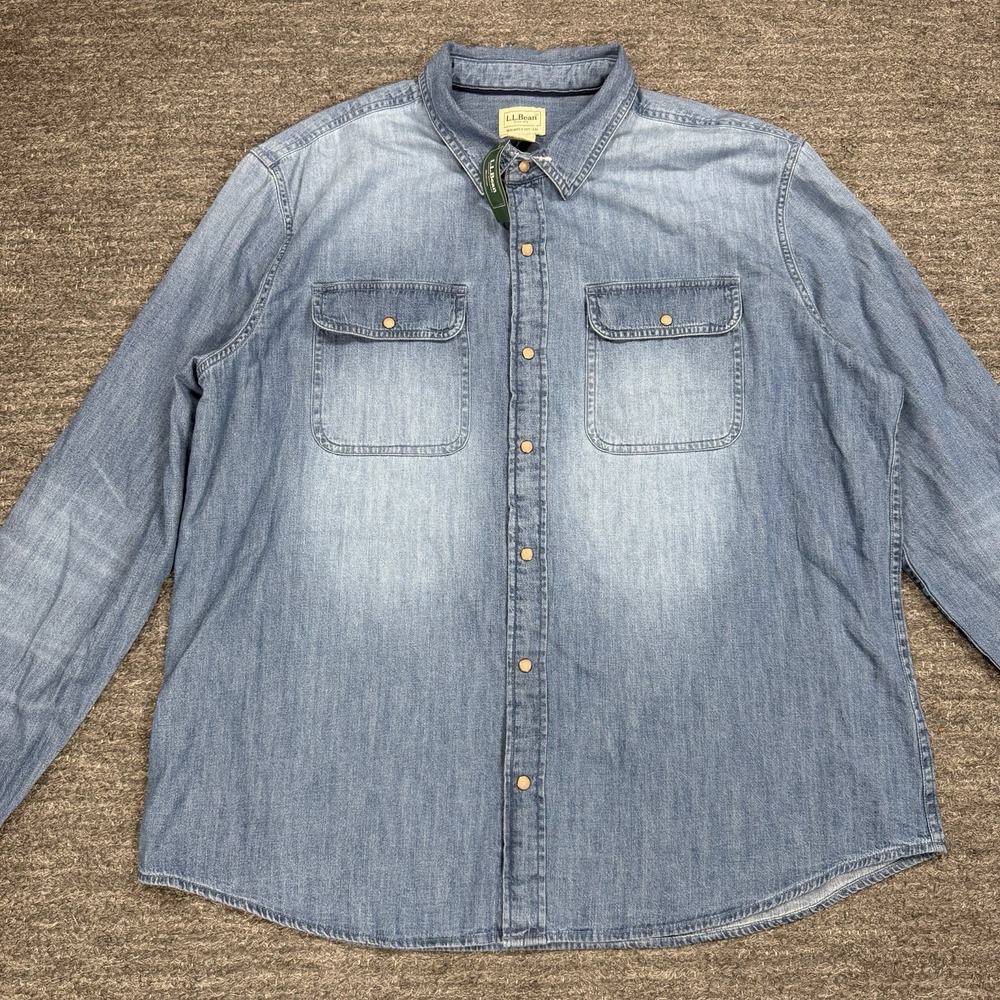 LL Bean Shirt Men XL Blue Denim Pearl Snap Sunwashed Medium Wash Cowboy Western